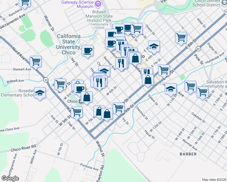 map of restaurants, bars, coffee shops, grocery stores, and more near 543 West 6th Street in Chico