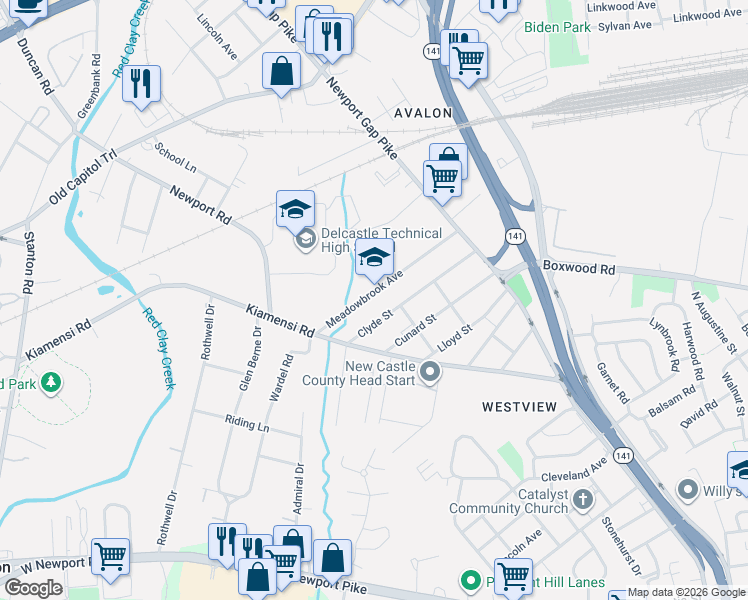 map of restaurants, bars, coffee shops, grocery stores, and more near 206 Meadowbrook Avenue in Wilmington