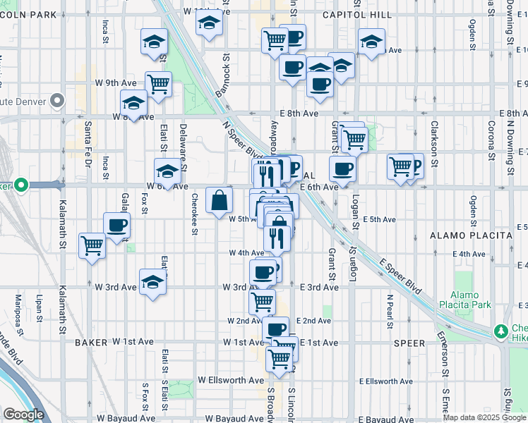 map of restaurants, bars, coffee shops, grocery stores, and more near 511 North Broadway in Denver