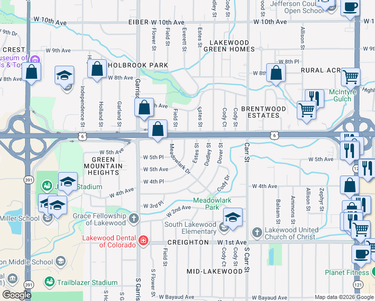 map of restaurants, bars, coffee shops, grocery stores, and more near 530 Everett Street in Lakewood