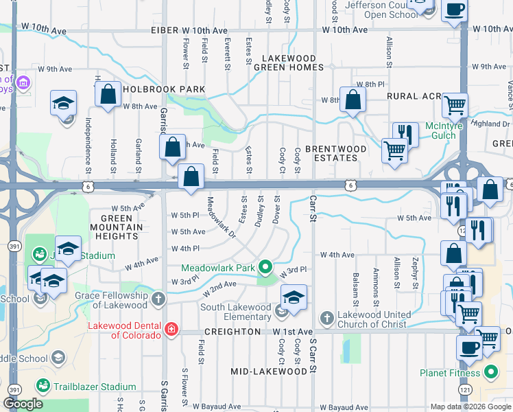 map of restaurants, bars, coffee shops, grocery stores, and more near 555 Dudley Street in Lakewood