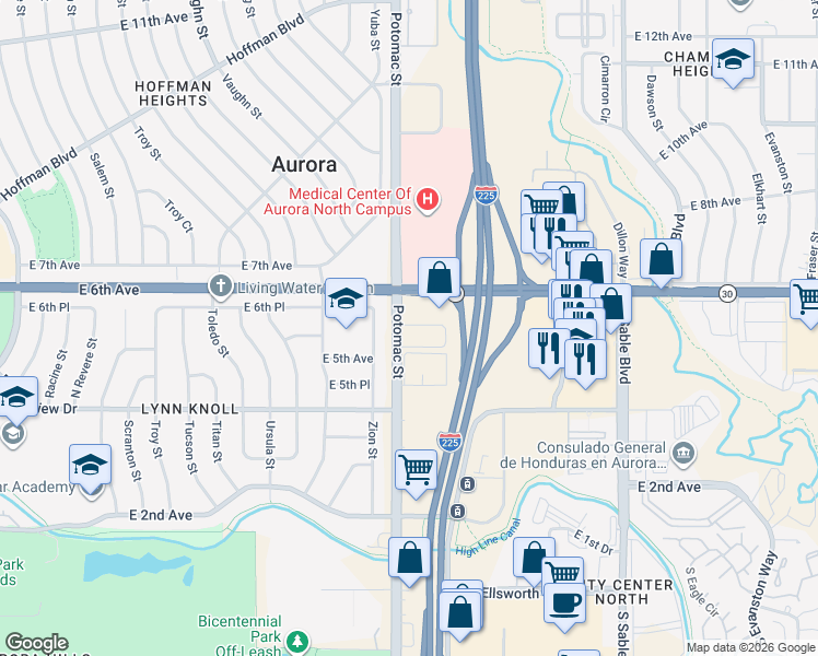 map of restaurants, bars, coffee shops, grocery stores, and more near 572 Potomac Street in Aurora
