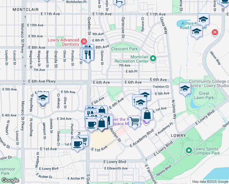 map of restaurants, bars, coffee shops, grocery stores, and more near 500 Roslyn Street in Denver