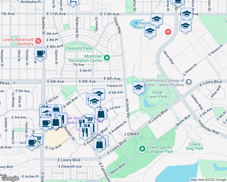 map of restaurants, bars, coffee shops, grocery stores, and more near 508 Ulster Way in Denver