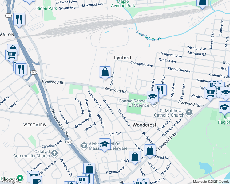 map of restaurants, bars, coffee shops, grocery stores, and more near 618 Boxwood Road in Wilmington