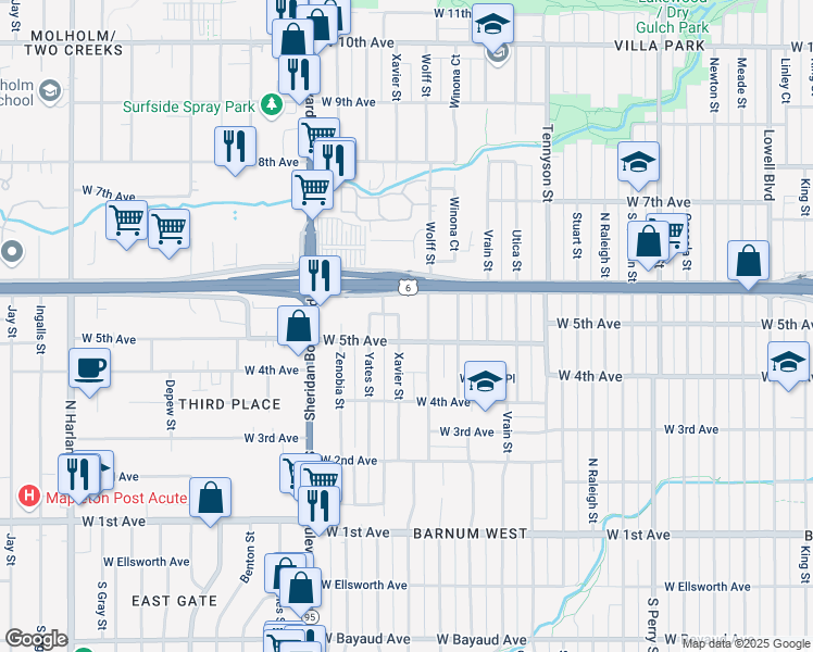 map of restaurants, bars, coffee shops, grocery stores, and more near 530 Xavier Street in Denver