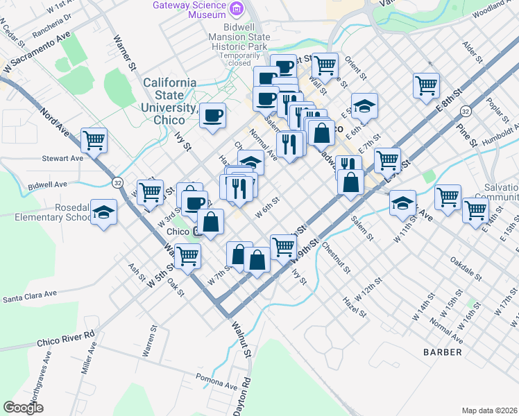 map of restaurants, bars, coffee shops, grocery stores, and more near 544 Hazel Street in Chico