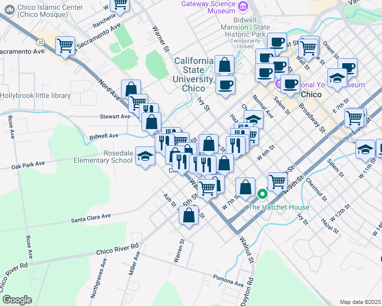 map of restaurants, bars, coffee shops, grocery stores, and more near 945 West 2nd Street in Chico