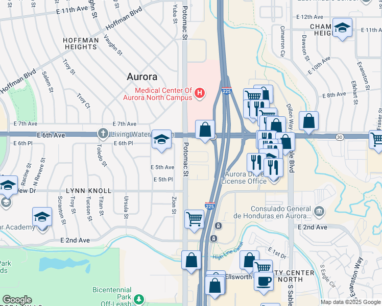 map of restaurants, bars, coffee shops, grocery stores, and more near 570 Potomac Street in Aurora