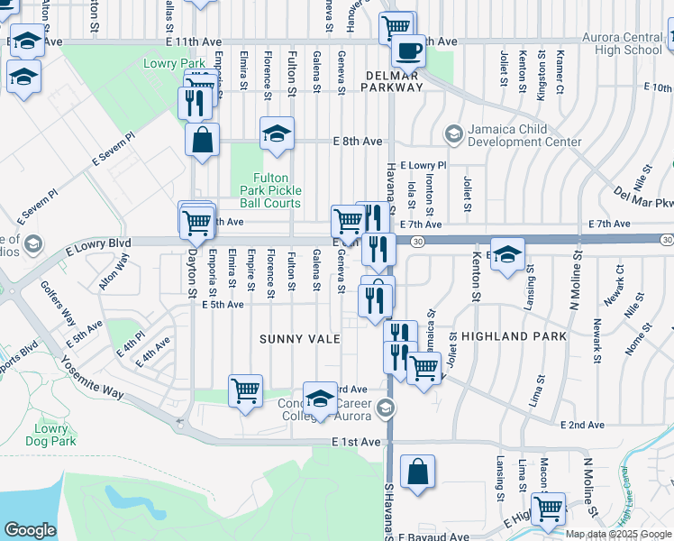 map of restaurants, bars, coffee shops, grocery stores, and more near 560 Geneva Street in Aurora