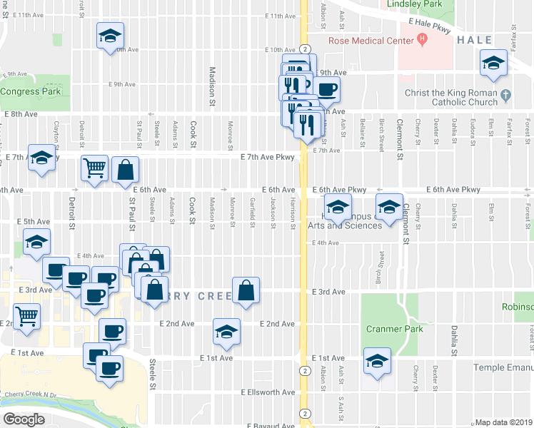 map of restaurants, bars, coffee shops, grocery stores, and more near 525 Jackson Street in Denver