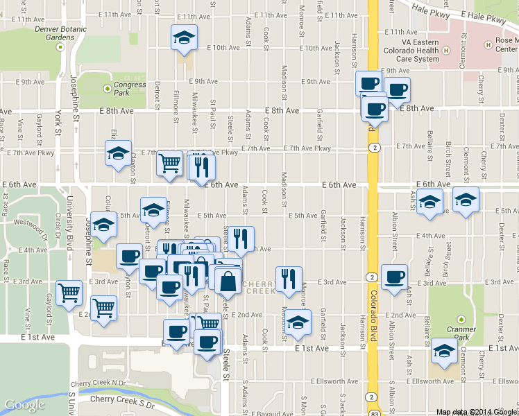 map of restaurants, bars, coffee shops, grocery stores, and more near 518 Cook Street in Denver