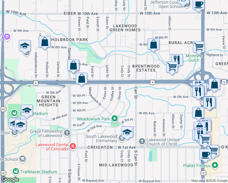 map of restaurants, bars, coffee shops, grocery stores, and more near 555 Dudley Street in Lakewood