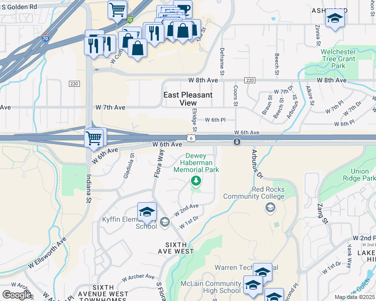 map of restaurants, bars, coffee shops, grocery stores, and more near 14079 West 5th Avenue in Golden