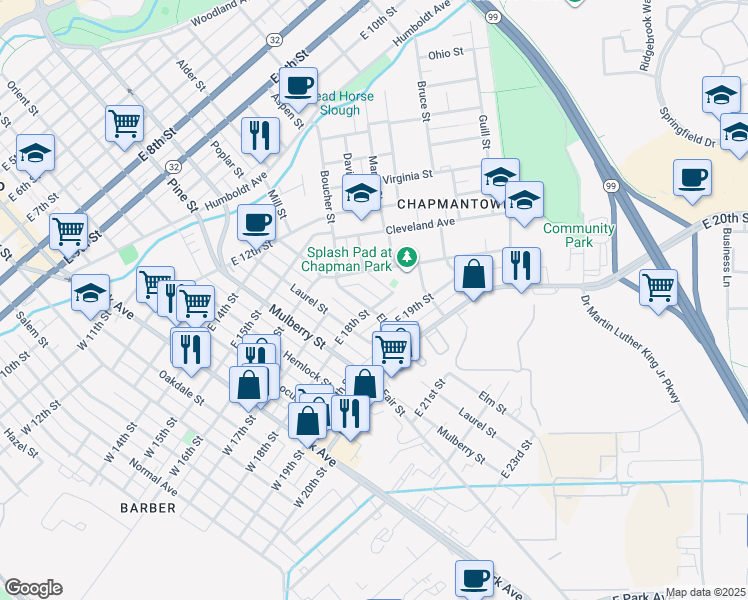 map of restaurants, bars, coffee shops, grocery stores, and more near 675 East 18th Street in Chico