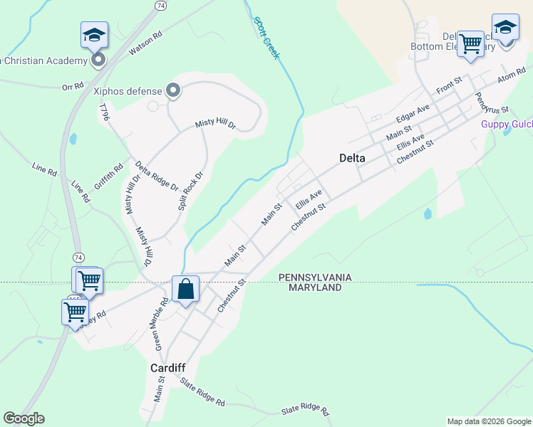 map of restaurants, bars, coffee shops, grocery stores, and more near 323 Main Street in Delta