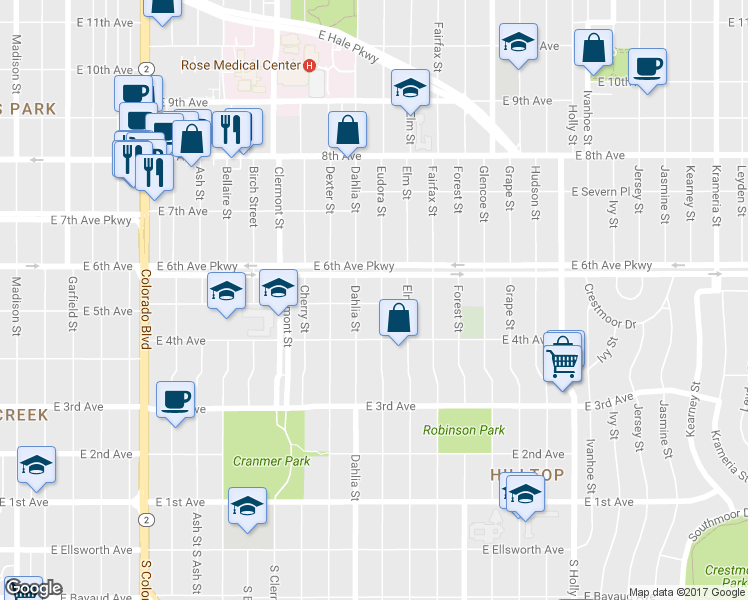 map of restaurants, bars, coffee shops, grocery stores, and more near 501 Eudora Street in Denver