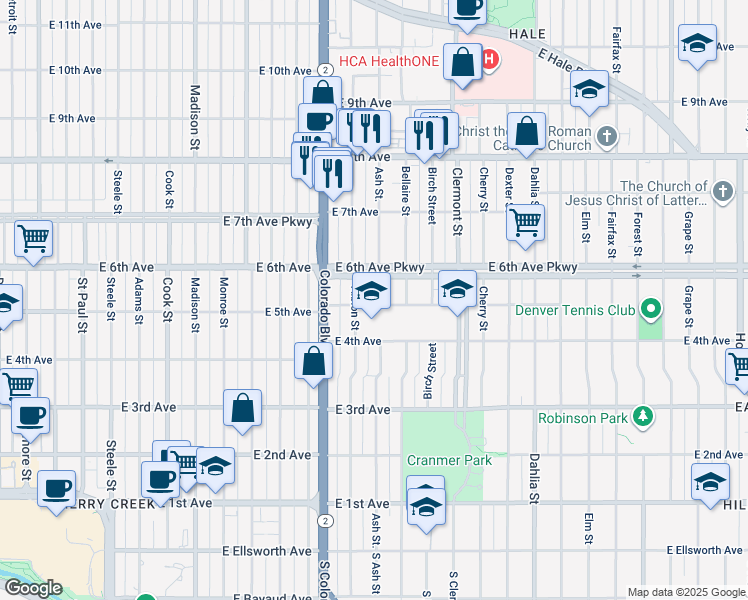map of restaurants, bars, coffee shops, grocery stores, and more near 501 Ash Street in Denver