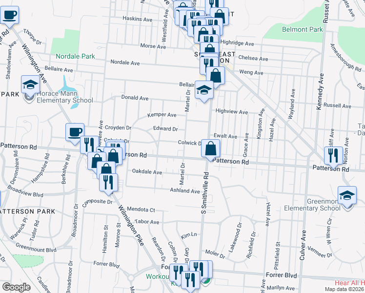 map of restaurants, bars, coffee shops, grocery stores, and more near 1258 Colwick Dr in Dayton