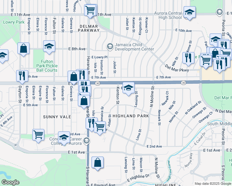 map of restaurants, bars, coffee shops, grocery stores, and more near 555 Kenton Street in Aurora