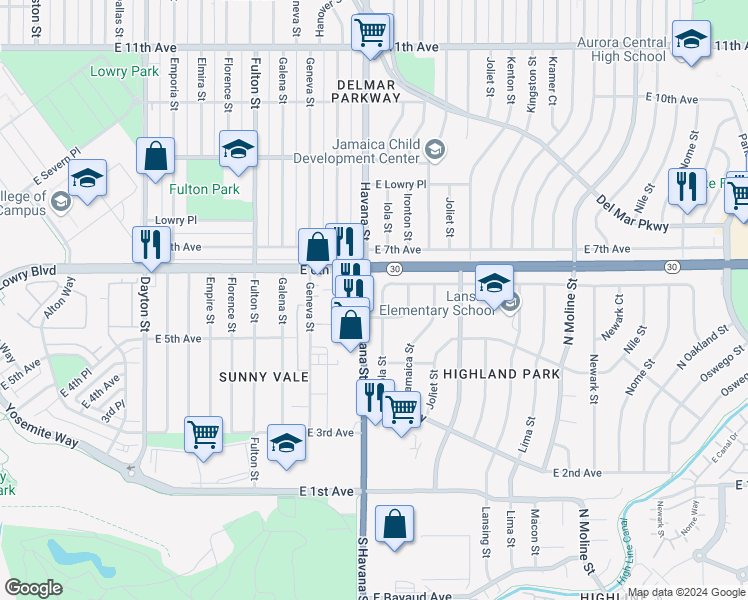 map of restaurants, bars, coffee shops, grocery stores, and more near 562 Iola Street in Aurora