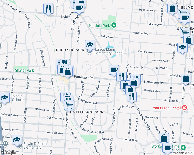map of restaurants, bars, coffee shops, grocery stores, and more near 823 Patterson Road in Dayton