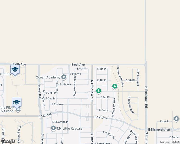 map of restaurants, bars, coffee shops, grocery stores, and more near 520 North Langdale Way in Aurora