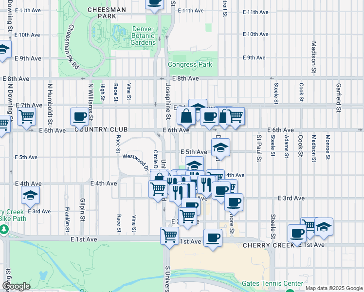 map of restaurants, bars, coffee shops, grocery stores, and more near 2401 East 5th Avenue in Denver