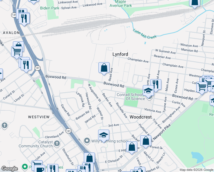map of restaurants, bars, coffee shops, grocery stores, and more near 704 Boxwood Road in Wilmington