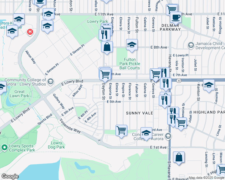 map of restaurants, bars, coffee shops, grocery stores, and more near 548 Emporia St in Aurora