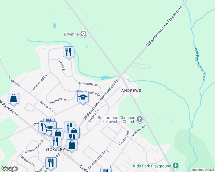 map of restaurants, bars, coffee shops, grocery stores, and more near 8 Asberry Place in Winslow Township