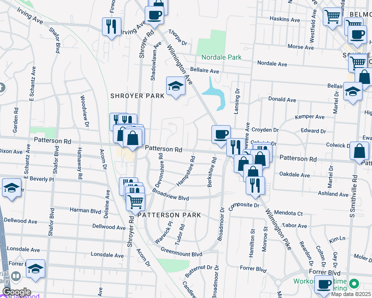 map of restaurants, bars, coffee shops, grocery stores, and more near 815 Patterson Road in Dayton