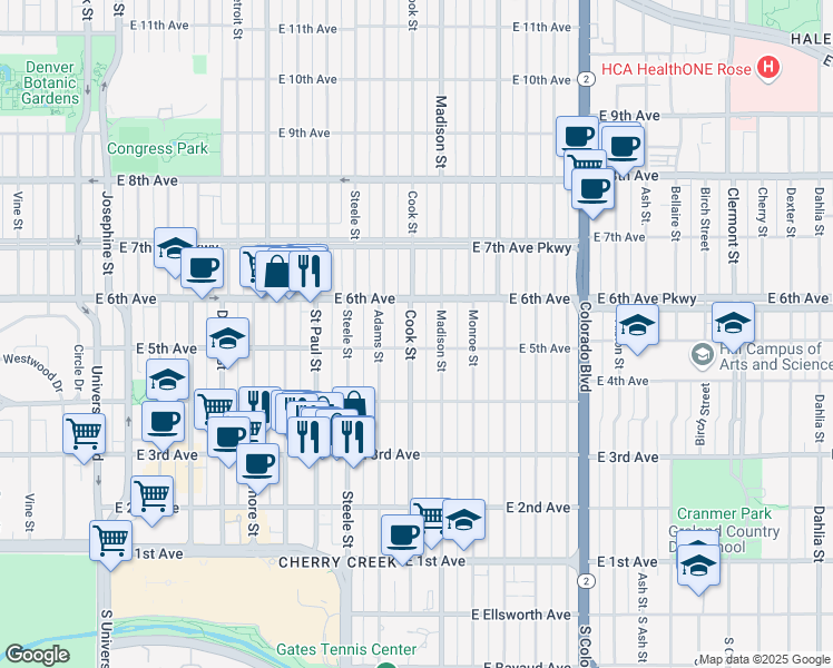 map of restaurants, bars, coffee shops, grocery stores, and more near 518 Cook Street in Denver