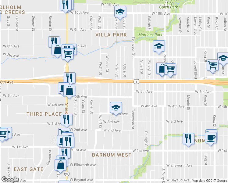 map of restaurants, bars, coffee shops, grocery stores, and more near 525 Vrain Street in Denver