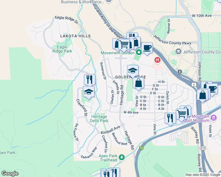 map of restaurants, bars, coffee shops, grocery stores, and more near 531 Chelan Street in Golden