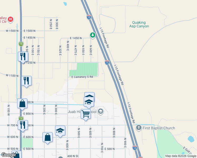 map of restaurants, bars, coffee shops, grocery stores, and more near 627 East 1100 North in Nephi