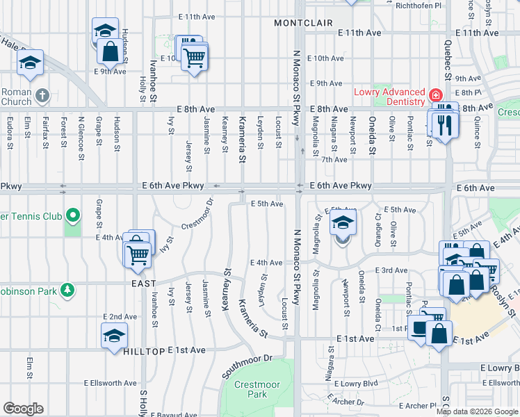 map of restaurants, bars, coffee shops, grocery stores, and more near 6220 East 5th Avenue in Denver