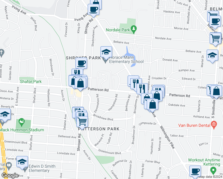 map of restaurants, bars, coffee shops, grocery stores, and more near 803 Patterson Road in Dayton