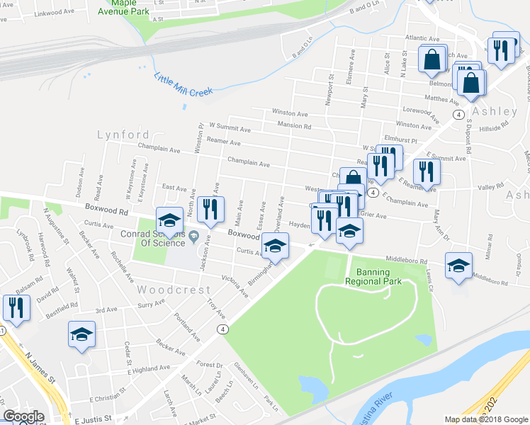 map of restaurants, bars, coffee shops, grocery stores, and more near 512 Essex Avenue in Wilmington