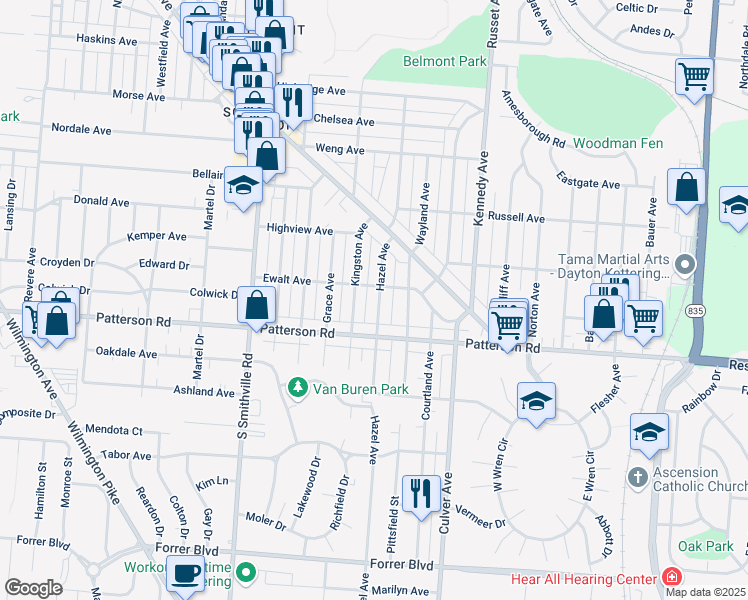 map of restaurants, bars, coffee shops, grocery stores, and more near 2919 Hazel Avenue in Dayton