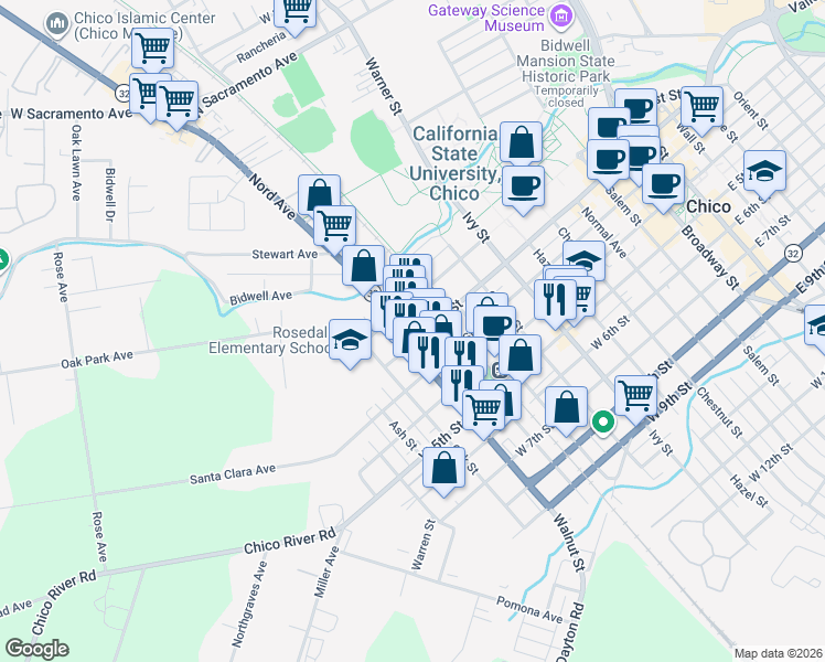 map of restaurants, bars, coffee shops, grocery stores, and more near 1032 West 2nd Street in Chico