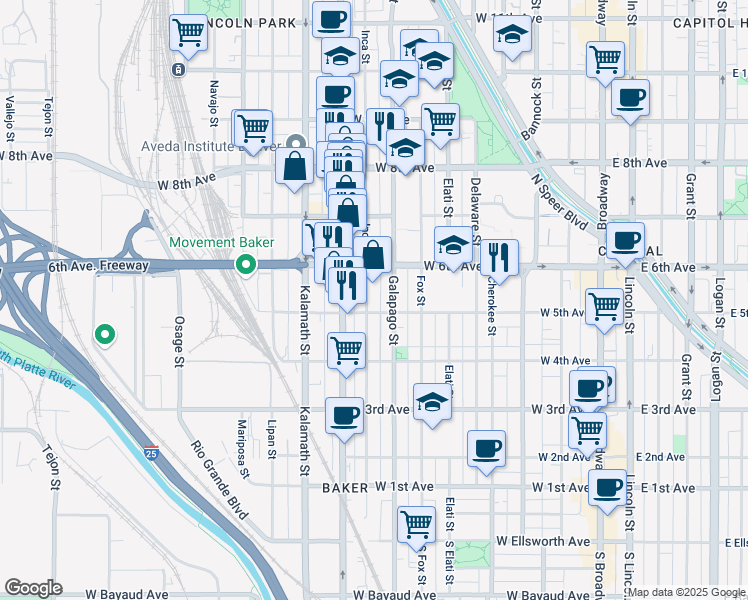 map of restaurants, bars, coffee shops, grocery stores, and more near 512 Inca Street in Denver