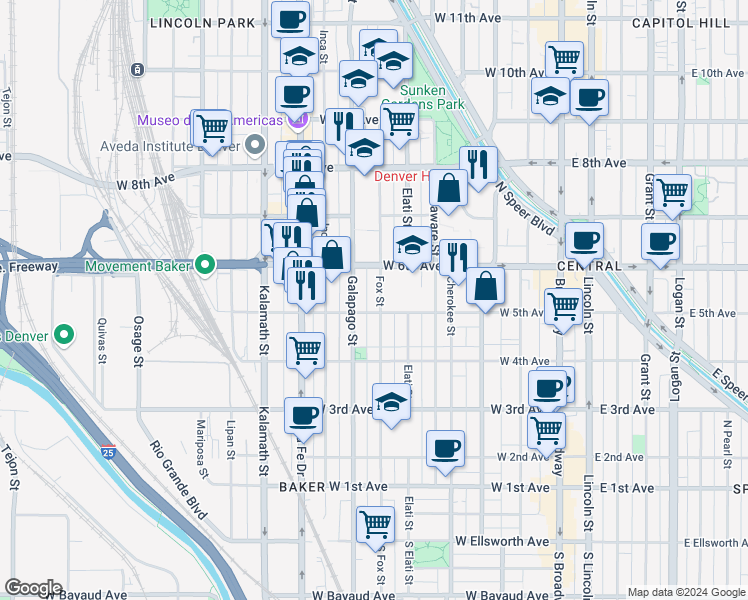 map of restaurants, bars, coffee shops, grocery stores, and more near 519 Fox Street in Denver