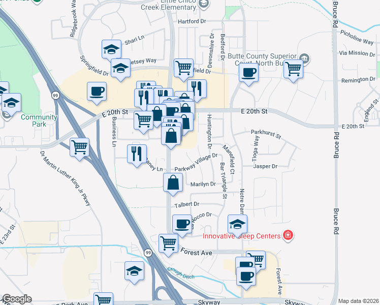 map of restaurants, bars, coffee shops, grocery stores, and more near 13 Wysong Court in Chico