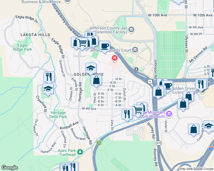map of restaurants, bars, coffee shops, grocery stores, and more near 1635 F Street in Golden
