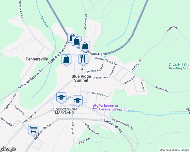 map of restaurants, bars, coffee shops, grocery stores, and more near 15383 Orchard Avenue in Blue Ridge Summit