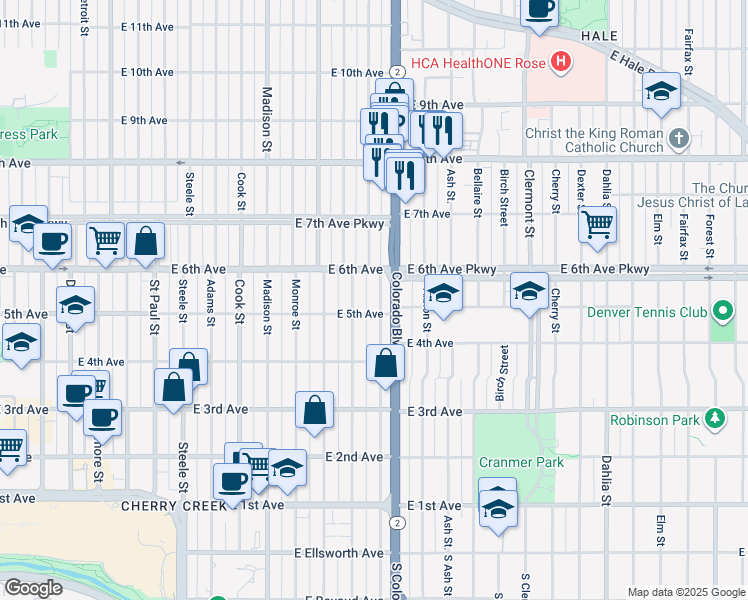 map of restaurants, bars, coffee shops, grocery stores, and more near 521 Harrison Street in Denver
