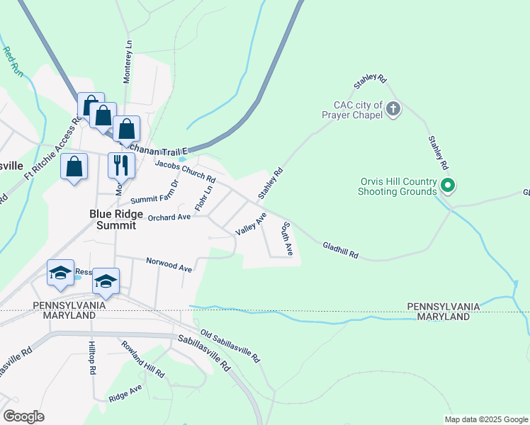 map of restaurants, bars, coffee shops, grocery stores, and more near 15894 Jacobs Church Road in Blue Ridge Summit