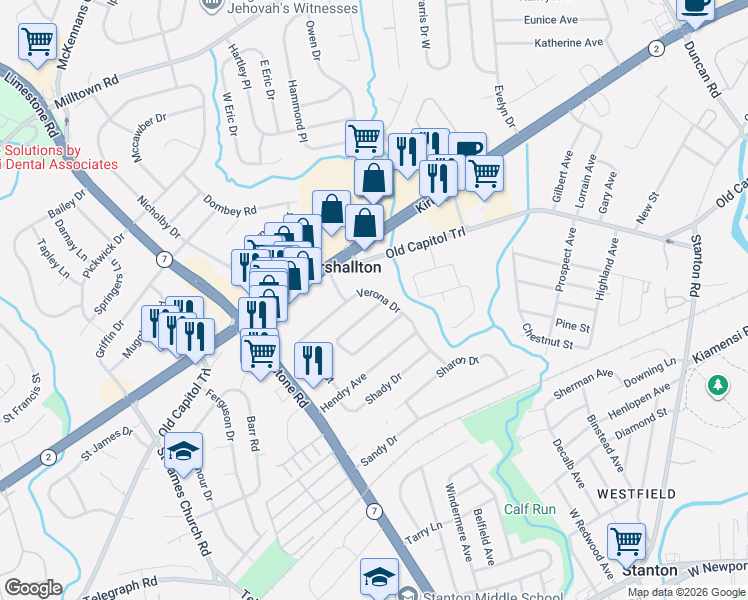 map of restaurants, bars, coffee shops, grocery stores, and more near 4400 Verona Drive in Wilmington