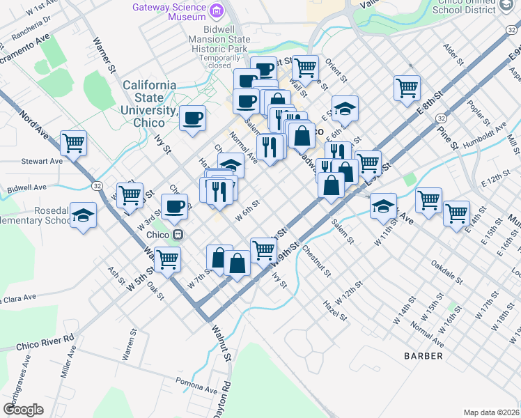 map of restaurants, bars, coffee shops, grocery stores, and more near 622 Chestnut Street in Chico
